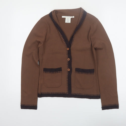 Studio M Women Petite Brown Button Cardigan V-Neck Long Sleeve