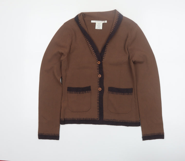 Studio M Women Petite Brown Button Cardigan V-Neck Long Sleeve