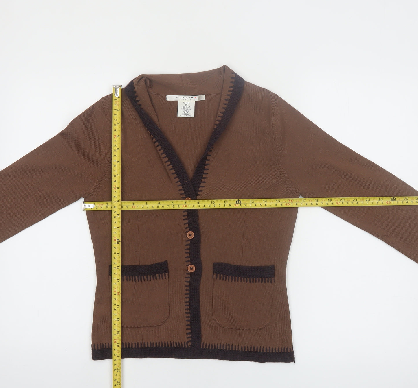 Studio M Women Petite Brown Button Cardigan V-Neck Long Sleeve