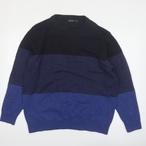 Nautica Men's Blue Colour Block Cotton Crew Neck Jumper Size L