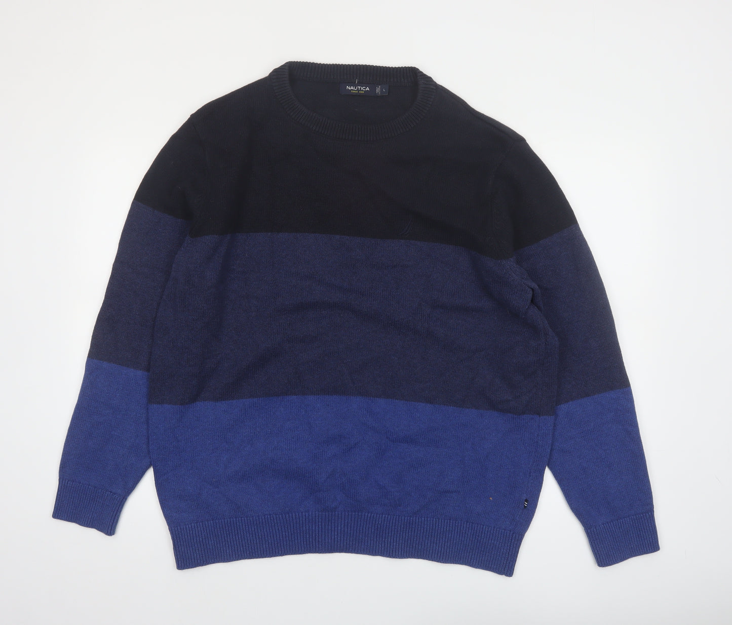 Nautica Men's Blue Colour Block Cotton Crew Neck Jumper Size L