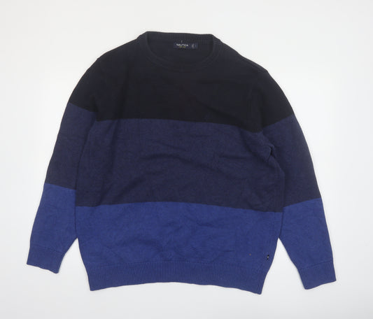 Nautica Men's Blue Colour Block Cotton Crew Neck Jumper Size L