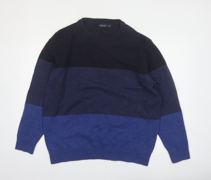 Nautica Men's Blue Colour Block Cotton Crew Neck Jumper Size L