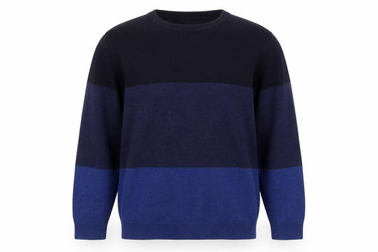 Front view of Nautica Men's Blue Colour Block Cotton Crew Neck Jumper, size L