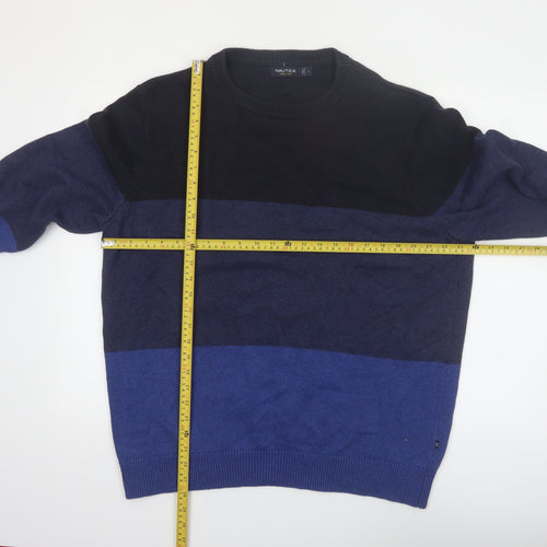 Nautica Men's Blue Colour Block Cotton Crew Neck Jumper Size L