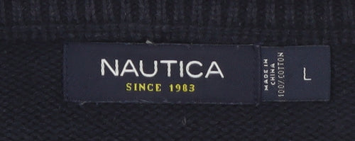 Nautica Men's Blue Colour Block Cotton Crew Neck Jumper Size L