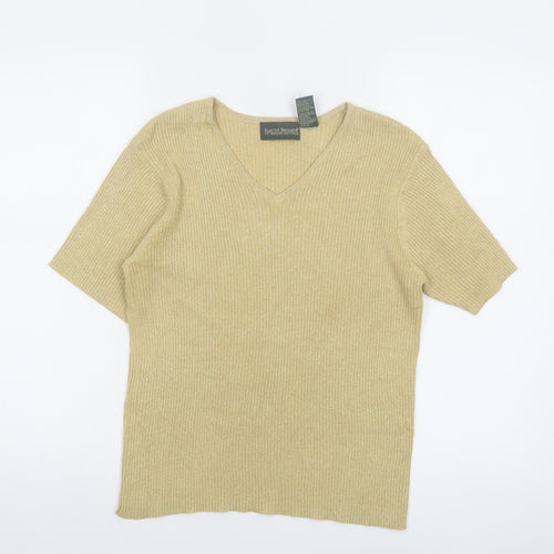 Harvé Benard Women Beige Knit V-Neck Short Sleeve Top Size M