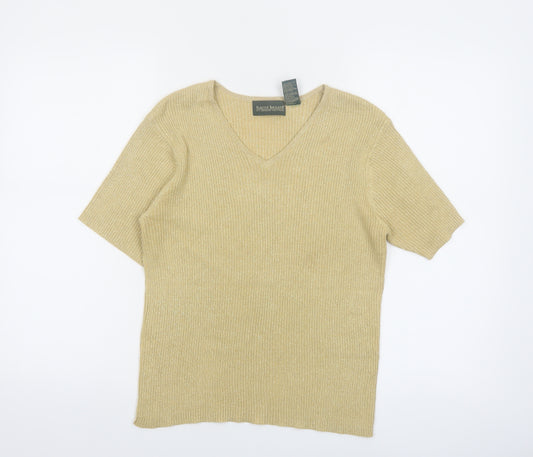 Harvé Benard Women Beige Knit V-Neck Short Sleeve Top Size M