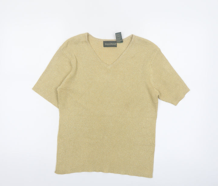 Harvé Benard Women Beige Knit V-Neck Short Sleeve Top Size M