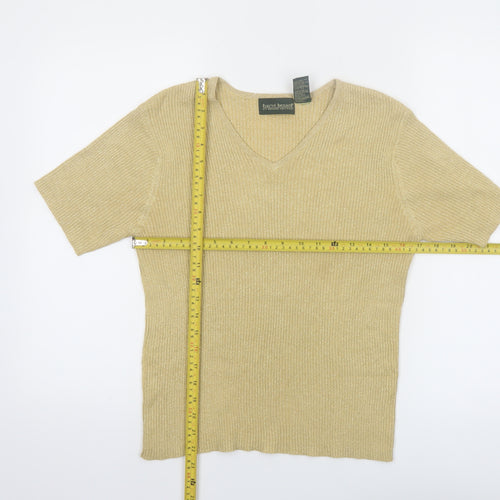 Harvé Benard Women Beige Knit V-Neck Short Sleeve Top Size M
