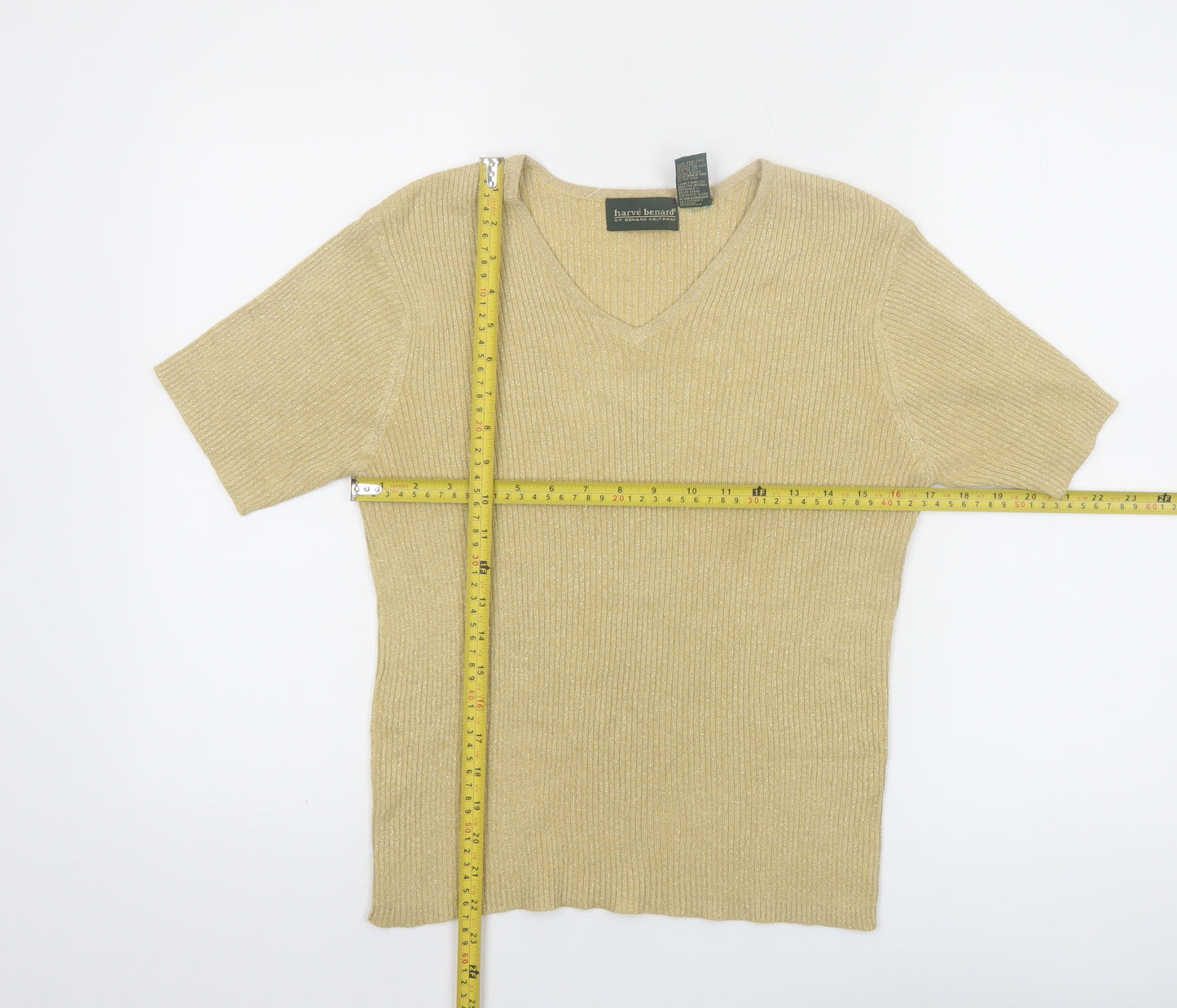 Harvé Benard Women Beige Knit V-Neck Short Sleeve Top Size M