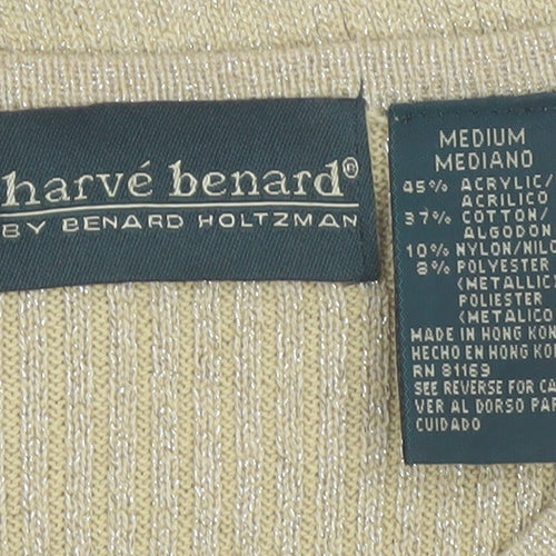 Harvé Benard Women Beige Knit V-Neck Short Sleeve Top Size M