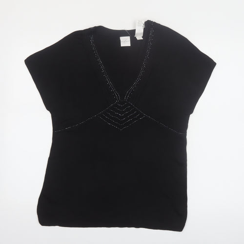 Emma James Women’s Black Silk Blend Beaded V-Neck Blouse Size L