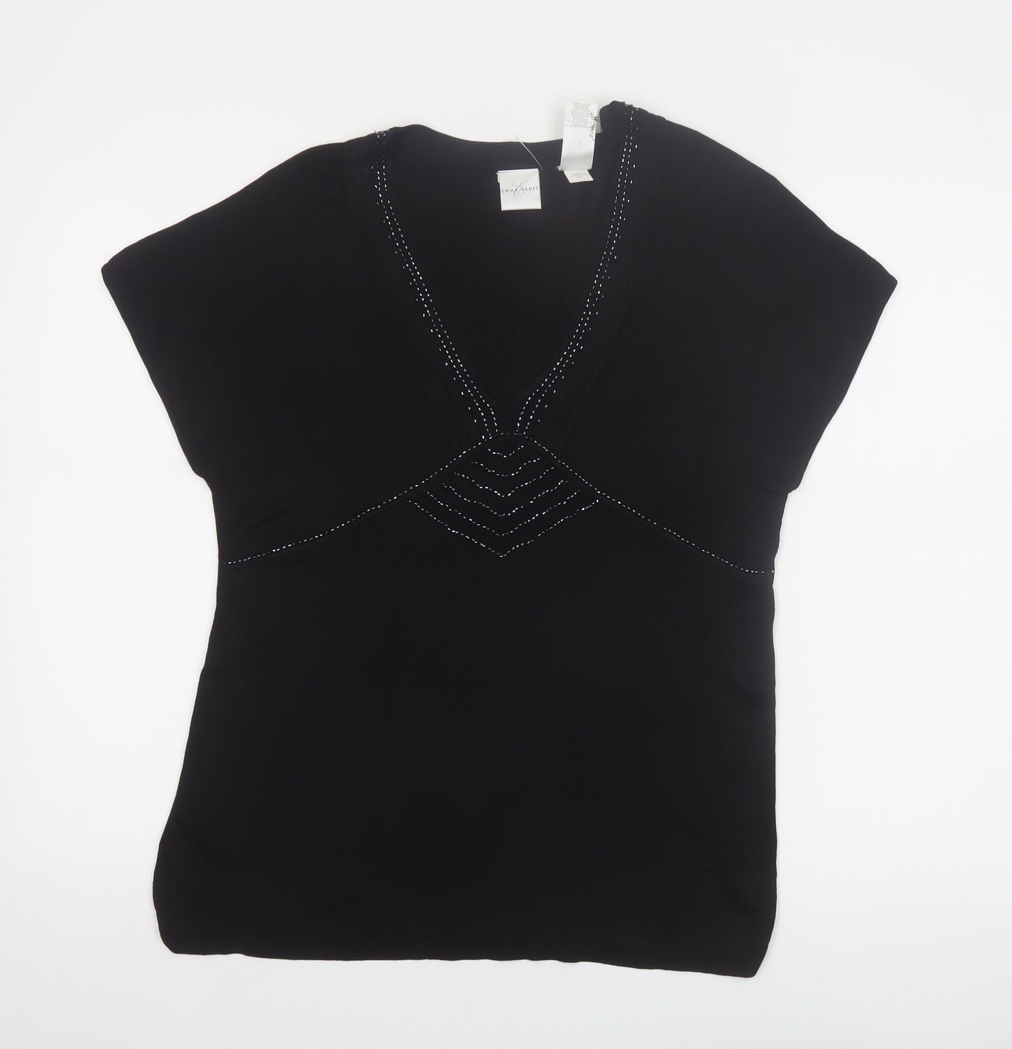 Emma James Women’s Black Silk Blend Beaded V-Neck Blouse Size L