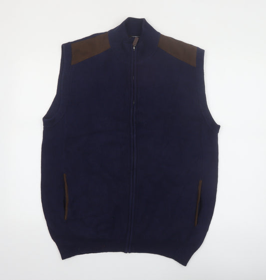 Chaps Men's Blue Cotton Full Zip Vest Jumper L Sleeveless Classic Knit