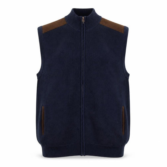 Front view of Chaps Men's Blue Cotton Full Zip Vest Jumper L Sleeveless Classic Knit