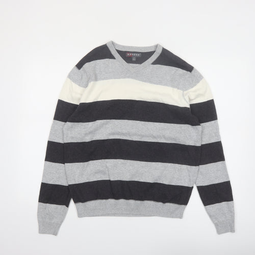 Revert Men’s Grey Striped Cotton V-Neck Pullover Jumper M