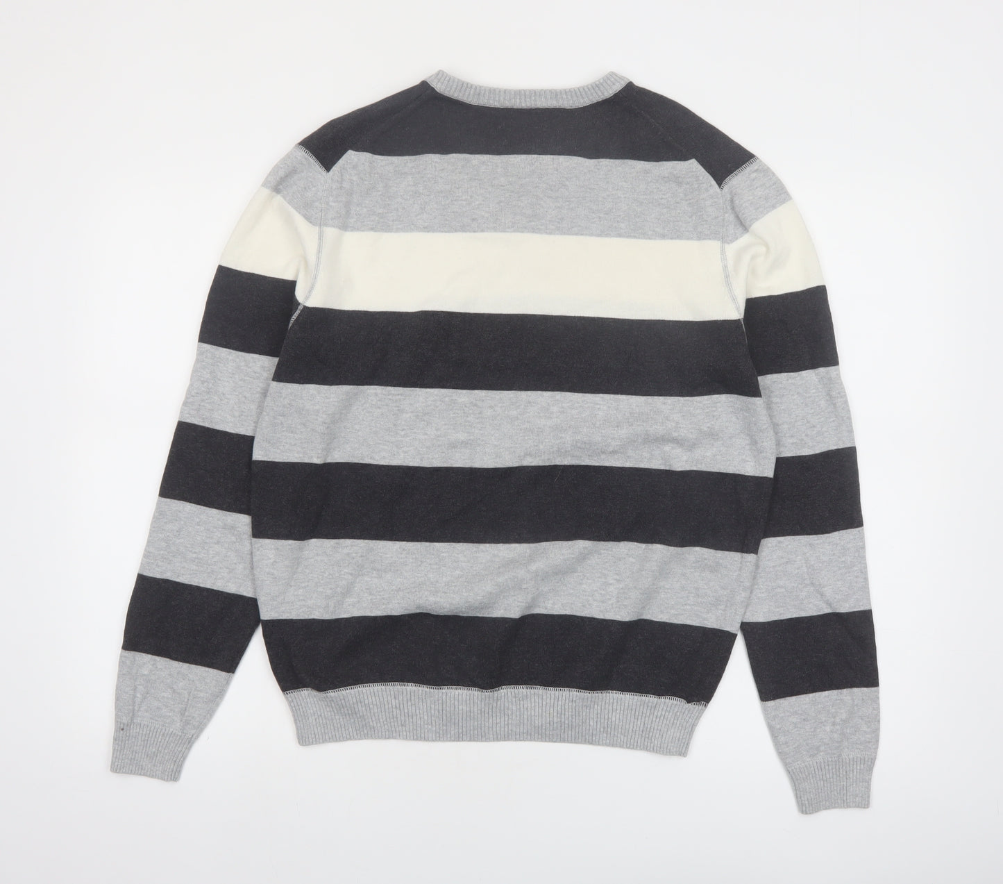 Revert Men’s Grey Striped Cotton V-Neck Pullover Jumper M