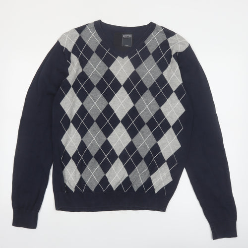 Dissident Men's Blue Argyle V-Neck Cotton Jumper Size L