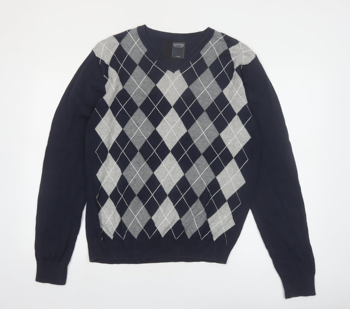 Dissident Men's Blue Argyle V-Neck Cotton Jumper Size L