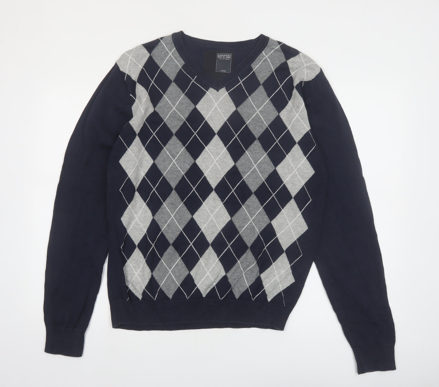 Dissident Men's Blue Argyle V-Neck Cotton Jumper Size L