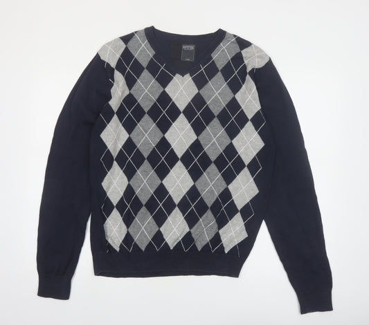 Dissident Men's Blue Argyle V-Neck Cotton Jumper Size L