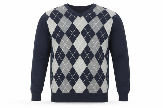 Front view of Dissident Men's Blue Argyle V-Neck Cotton Jumper, size L
