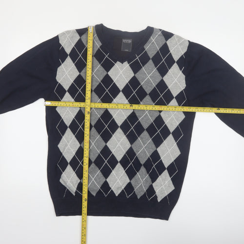 Dissident Men's Blue Argyle V-Neck Cotton Jumper Size L