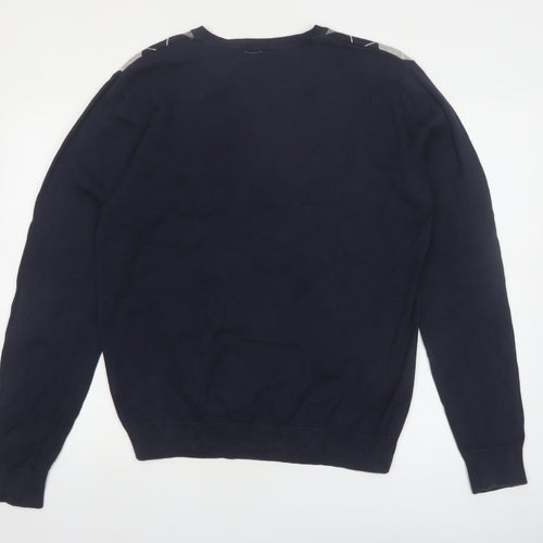 Dissident Men's Blue Argyle V-Neck Cotton Jumper Size L