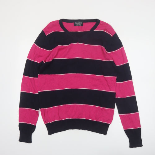 Pull & Bear Men’s Pink Striped V-Neck Cotton Jumper Size L