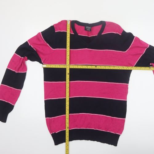 Pull & Bear Men’s Pink Striped V-Neck Cotton Jumper Size L