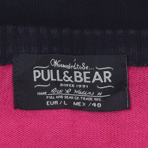 Pull & Bear Men’s Pink Striped V-Neck Cotton Jumper Size L