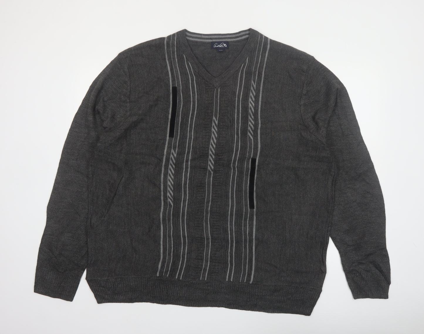 Arnold Palmer Men's Grey XL V-Neck Striped Knit Pullover Jumper