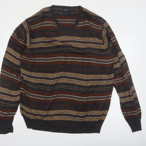 Dockers Mens Brown Striped V-Neck Pullover Jumper 2XL