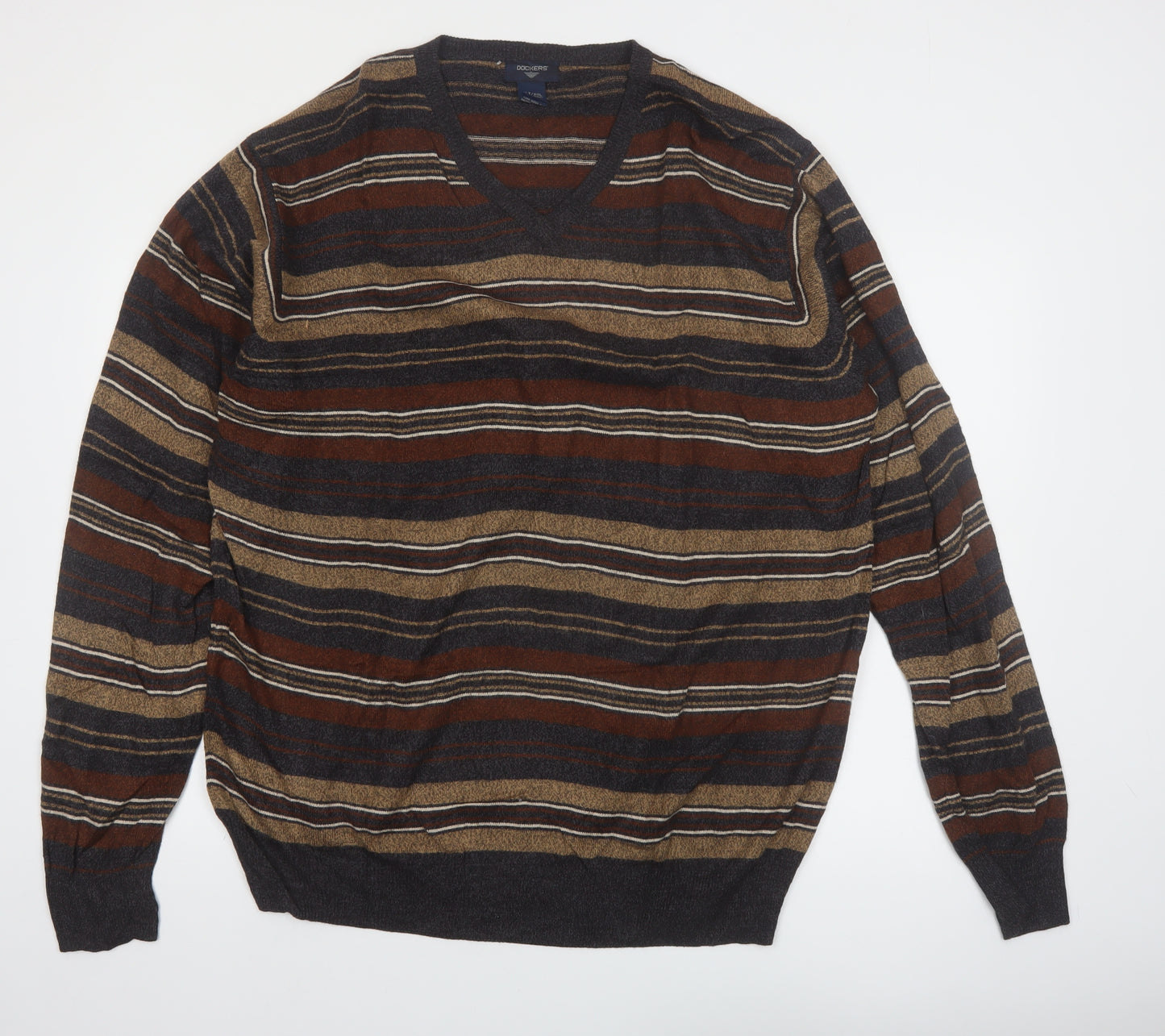 Dockers Mens Brown Striped V-Neck Pullover Jumper 2XL