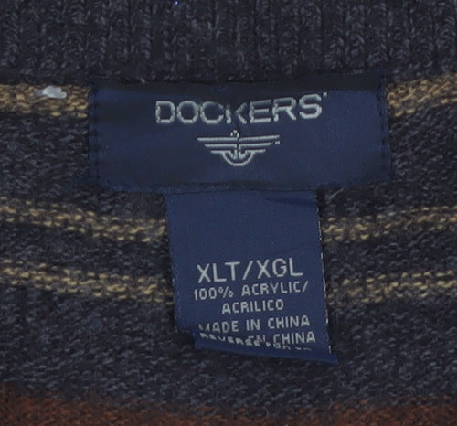 Dockers Mens Brown Striped V-Neck Pullover Jumper 2XL