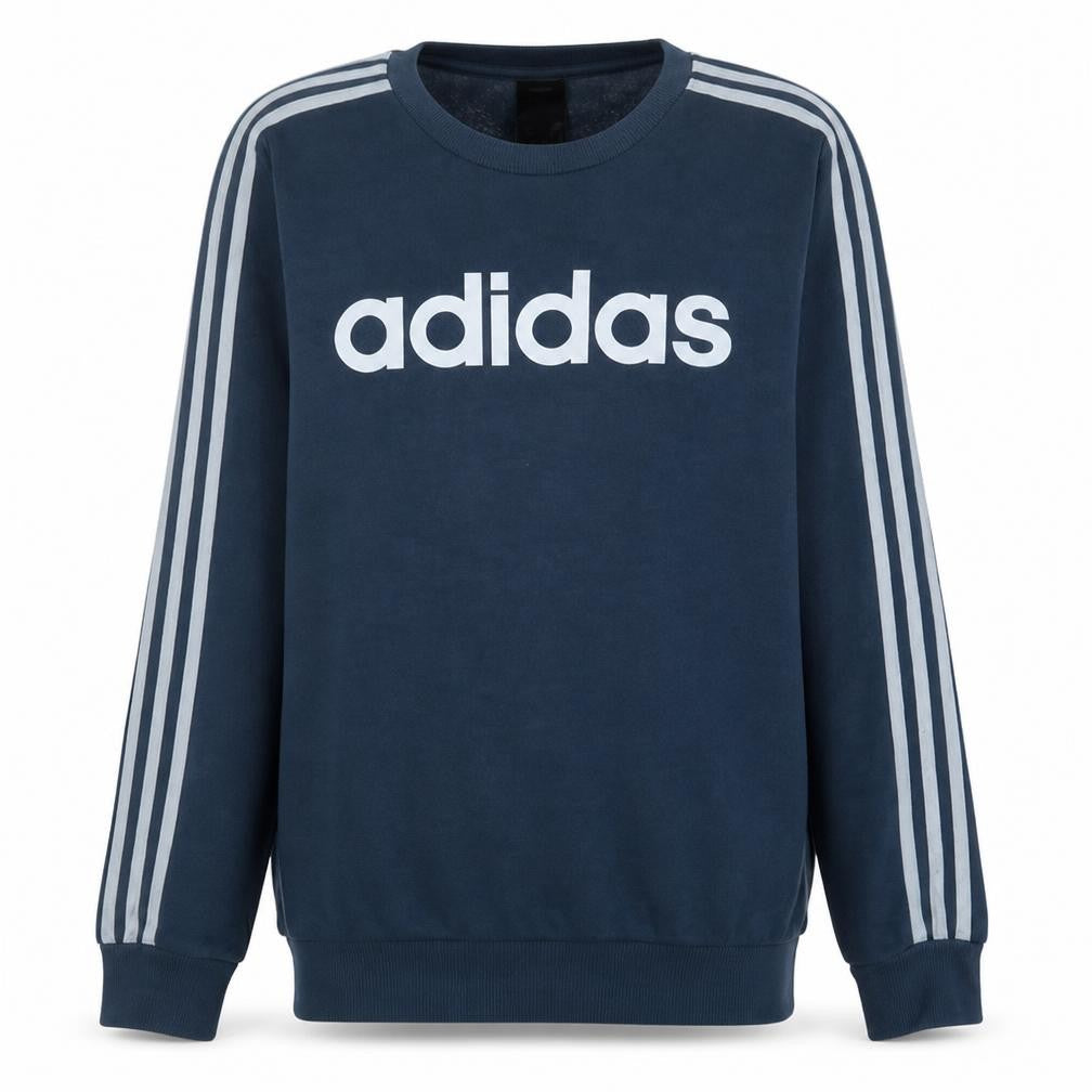 Front view of Adidas Men Blue Logo Crew Neck Pullover Sweatshirt, size M