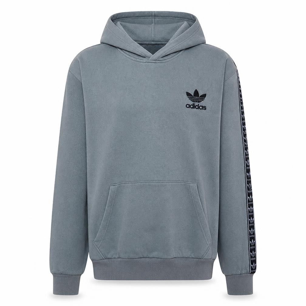 Front view of Adidas Men's Grey Pullover Hoodie Small Logo Fleece Sweatshirt