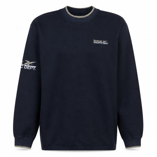 Front view of Reebok men’s navy blue athletic dept sweatshirt l pullover fleece