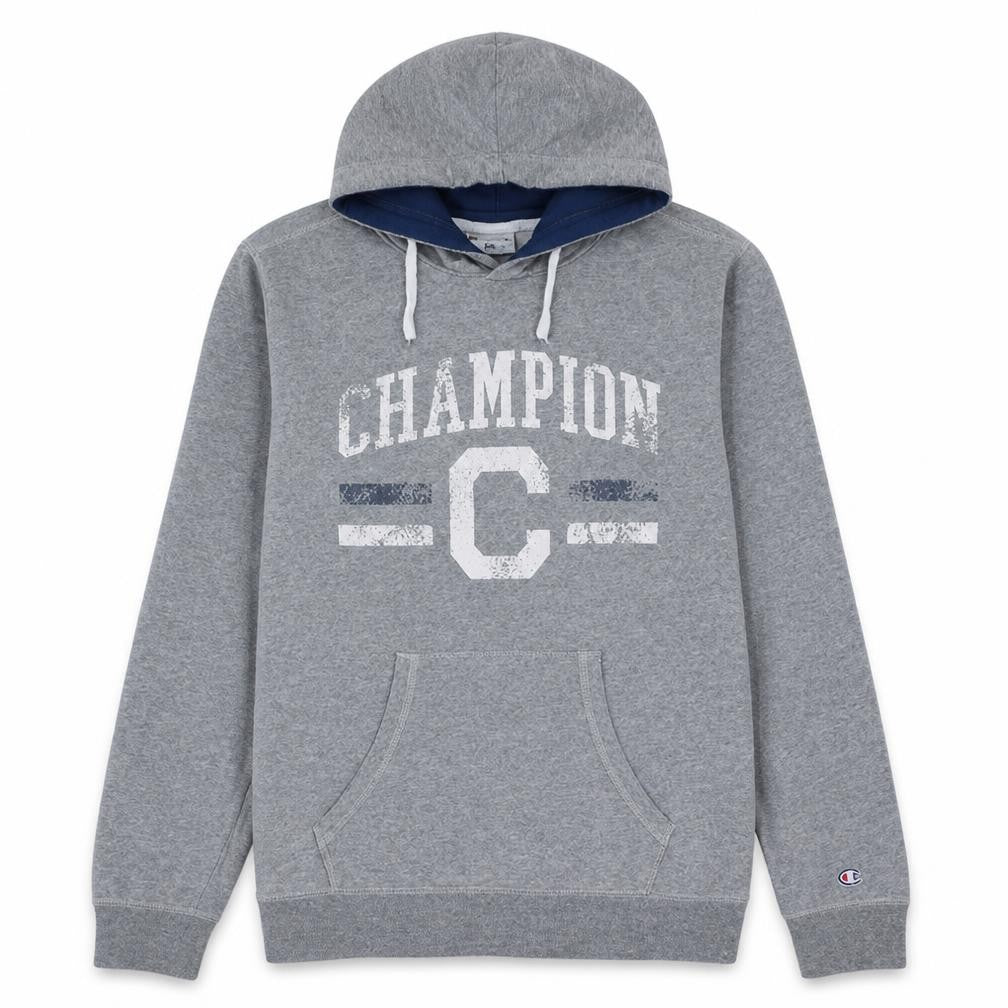 Front view of Champion Men's Grey Pullover Hoodie M Regular Fit Graphic Print