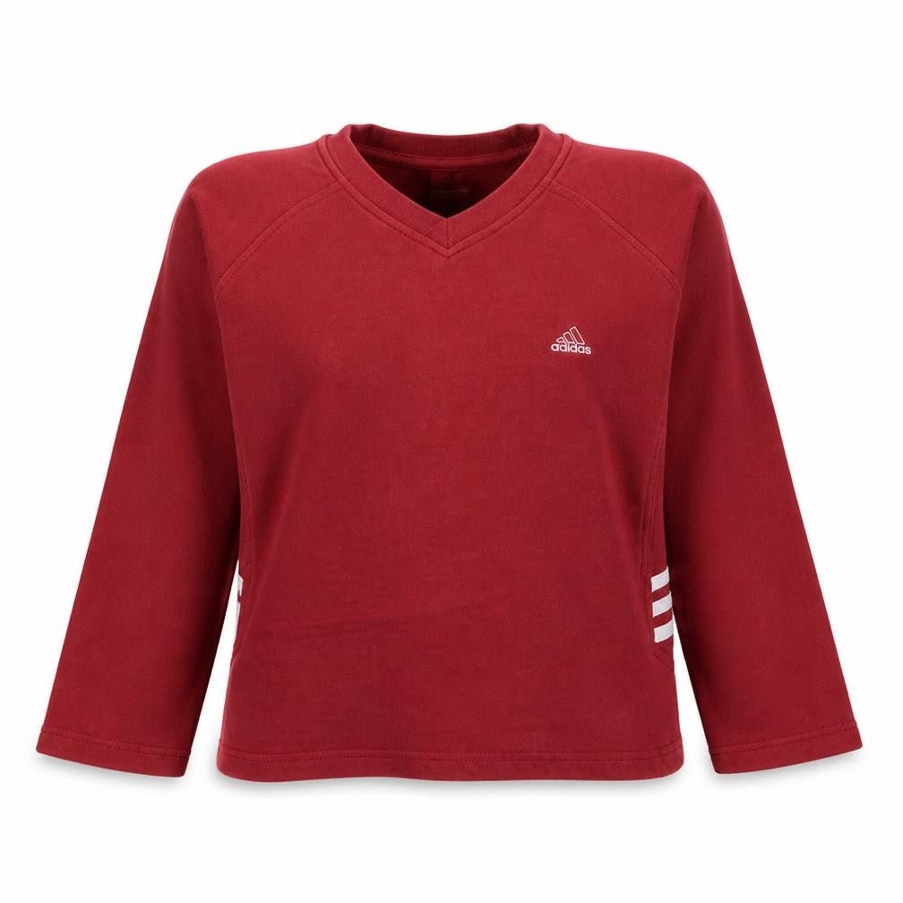 Front view of Adidas women’s red v-neck sweatshirt, size UK 12, casual pullover