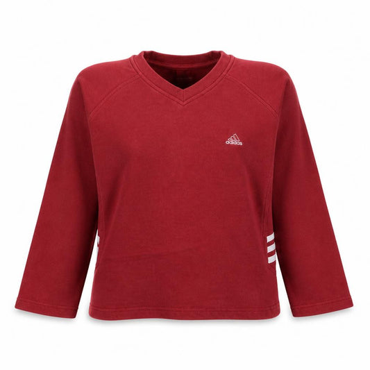Front view of Adidas women’s red v-neck sweatshirt, size UK 12, casual pullover