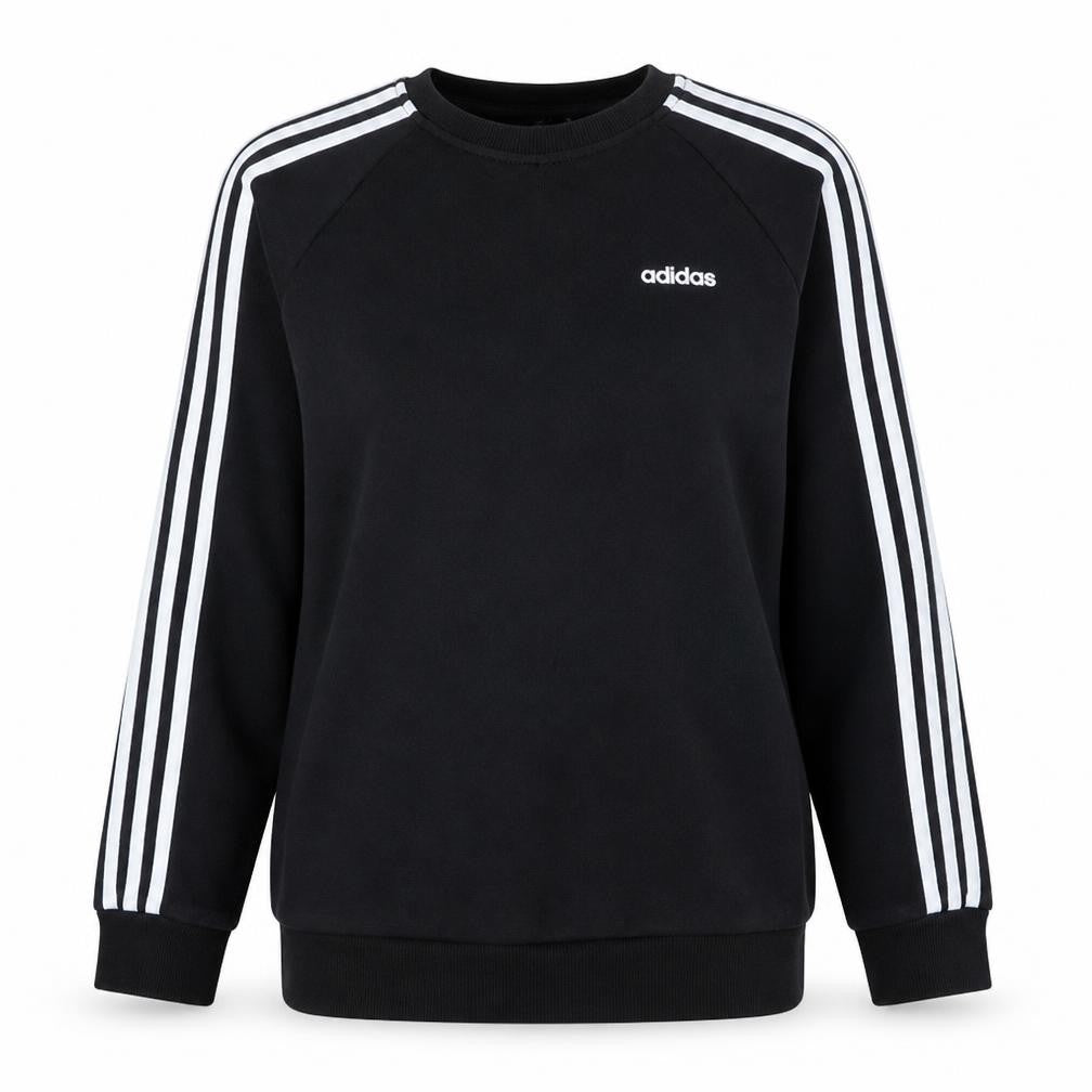 Front view of Adidas women’s black crew neck long sleeve sweatshirt, size M