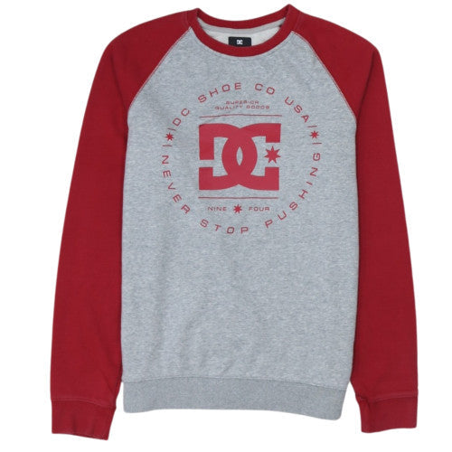 DC Men's Grey and Red Logo Crew Neck Pullover Sweatshirt M