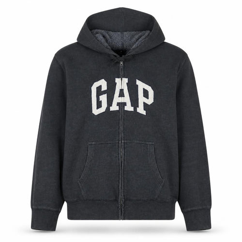 Gap Mens Black Full Zip Hoodie L Fleece Lined Classic Logo Sweatshirt