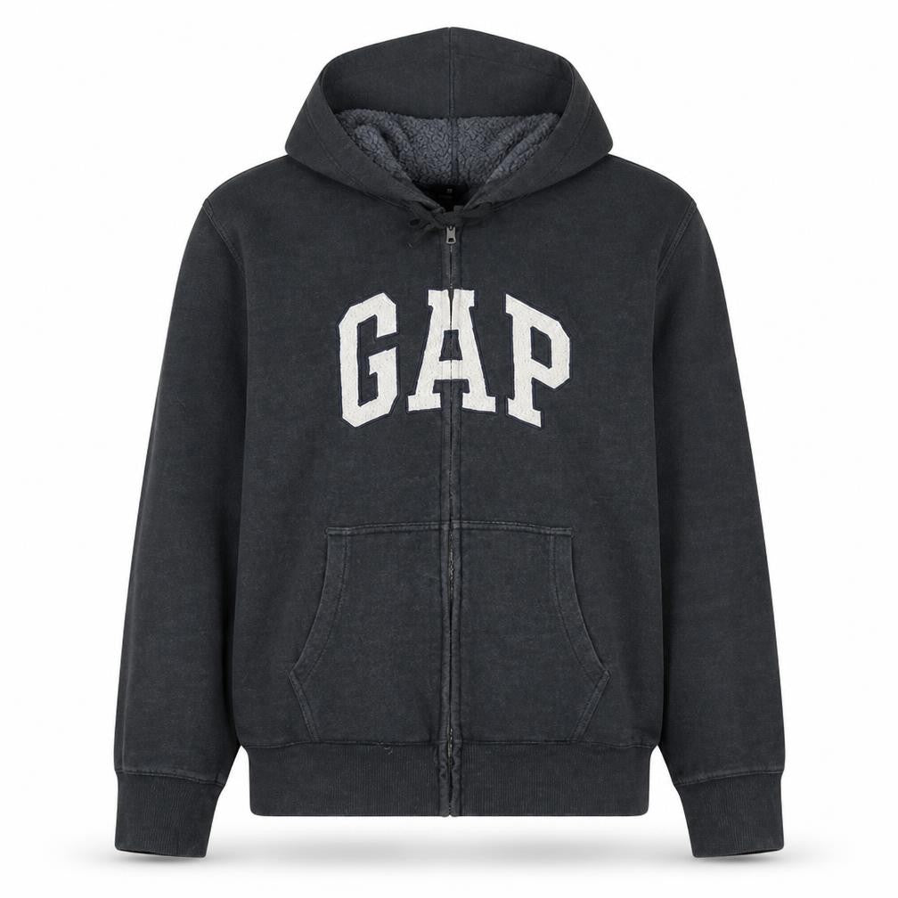 Gap Mens Black Full Zip Hoodie L Fleece Lined Classic Logo Sweatshirt