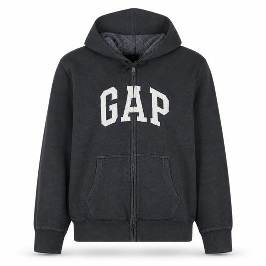 Front view of Gap men’s black full zip hoodie l fleece lined classic logo sweatshirt