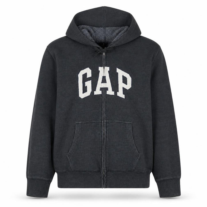 Gap Mens Black Full Zip Hoodie L Fleece Lined Classic Logo Sweatshirt