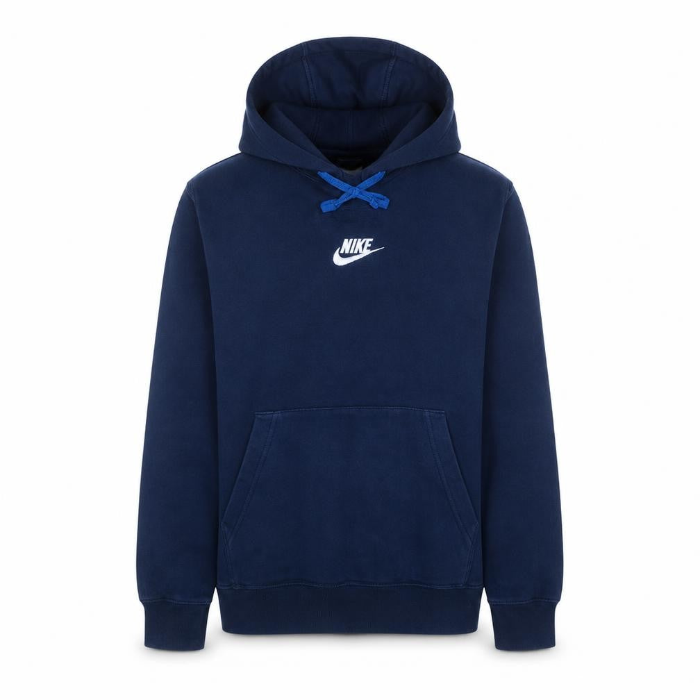 Front view of Nike Men's Blue Pullover Hoodie Small Logo Fleece Sweatshirt