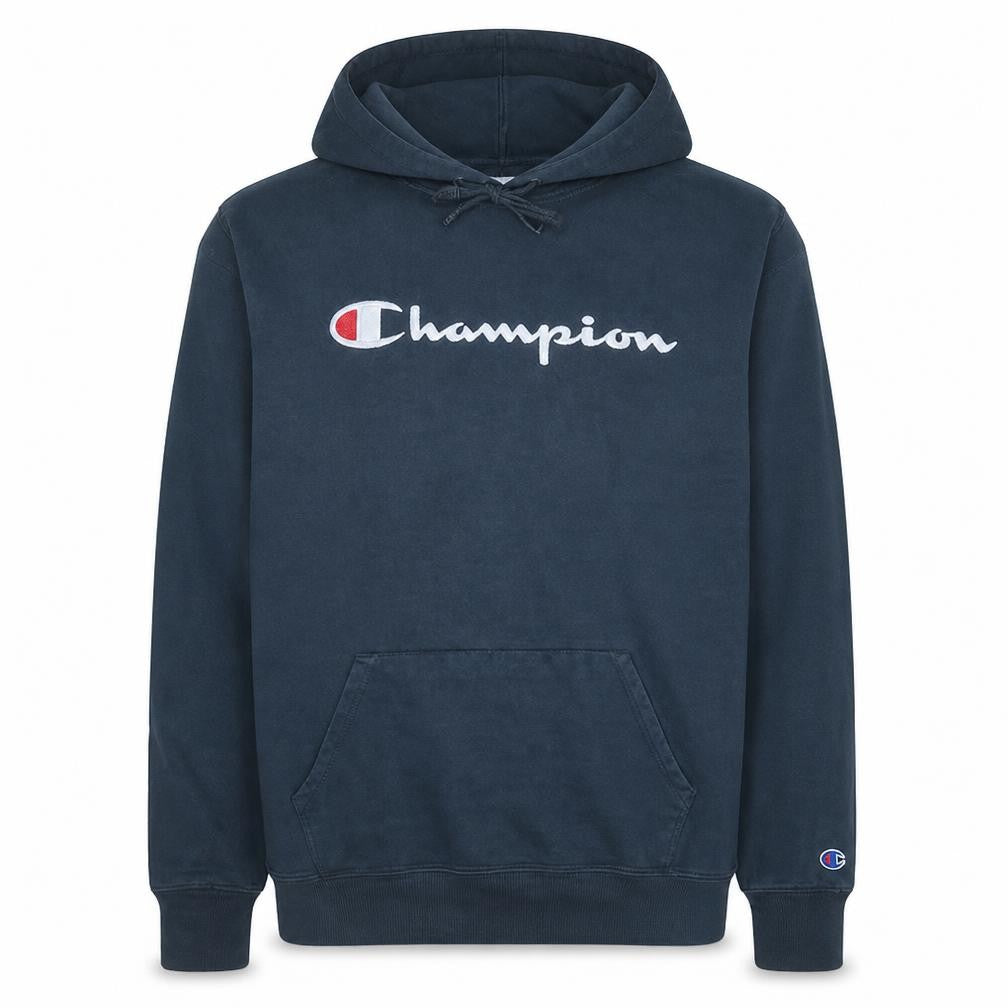 Front view of Champion Men's Blue Pullover Hoodie XL Logo Fleece Sweatshirt